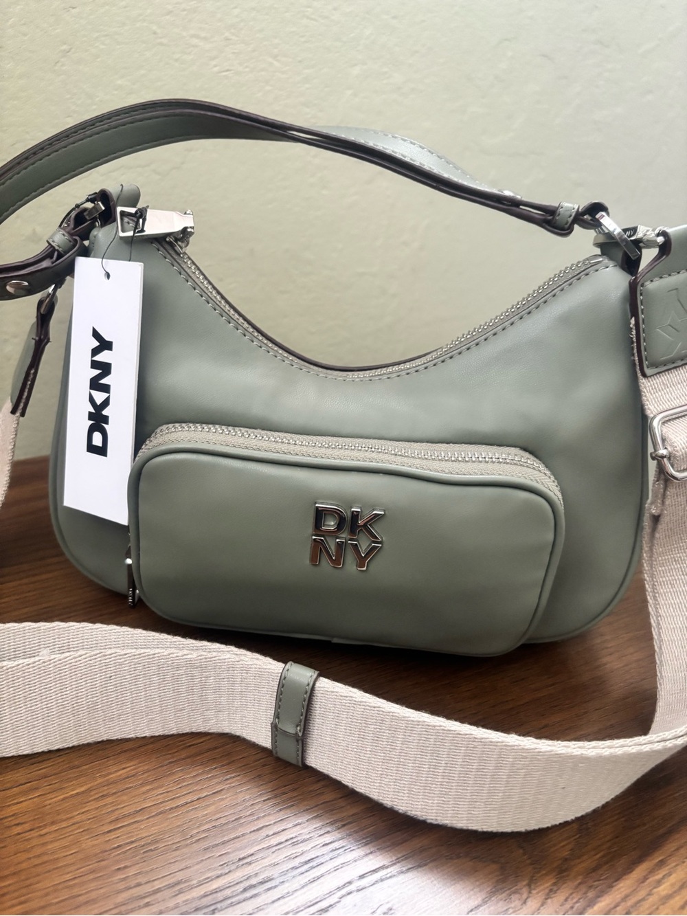 DKNY Sage Green Crescent Shoulder Bag with Front Pocket